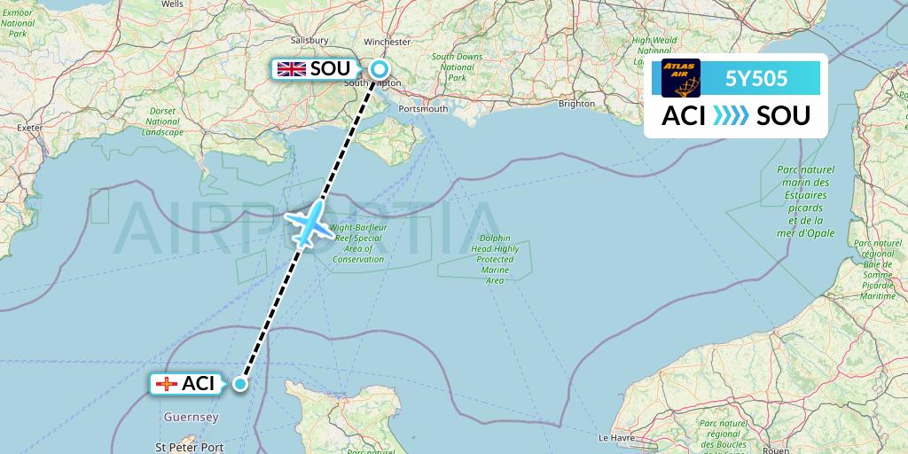 5Y505 Atlas Air Flight Map: Alderney to Southampton