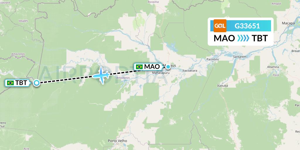G33651 GOL Transportes Aeros Flight Map: Manaus to Tabatinga
