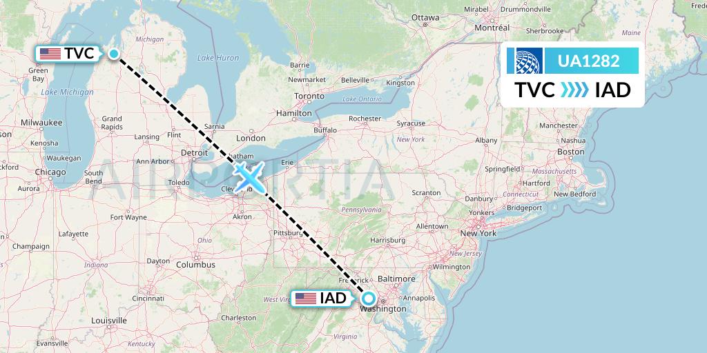 UA1282 United Airlines Flight Map: Traverse City to Washington