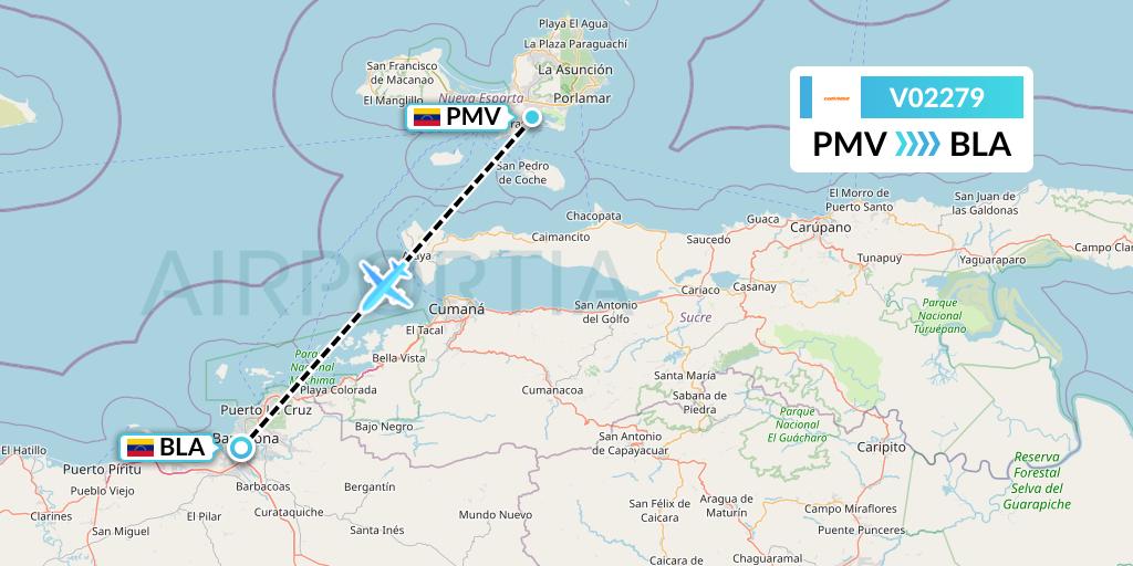 V02279 Conviasa Flight Map: Porlamar to Barcelona