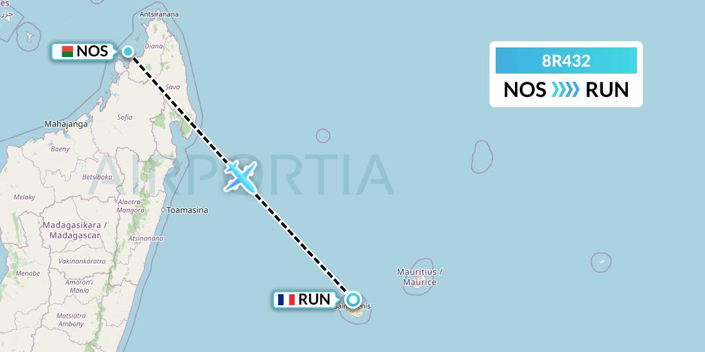8R432 Amelia Flight Map: Nosy Be to Saint-Denis