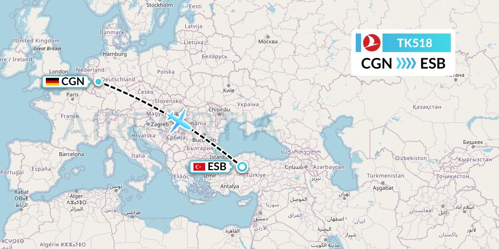TK518 Turkish Airlines Flight Map: Cologne to Ankara