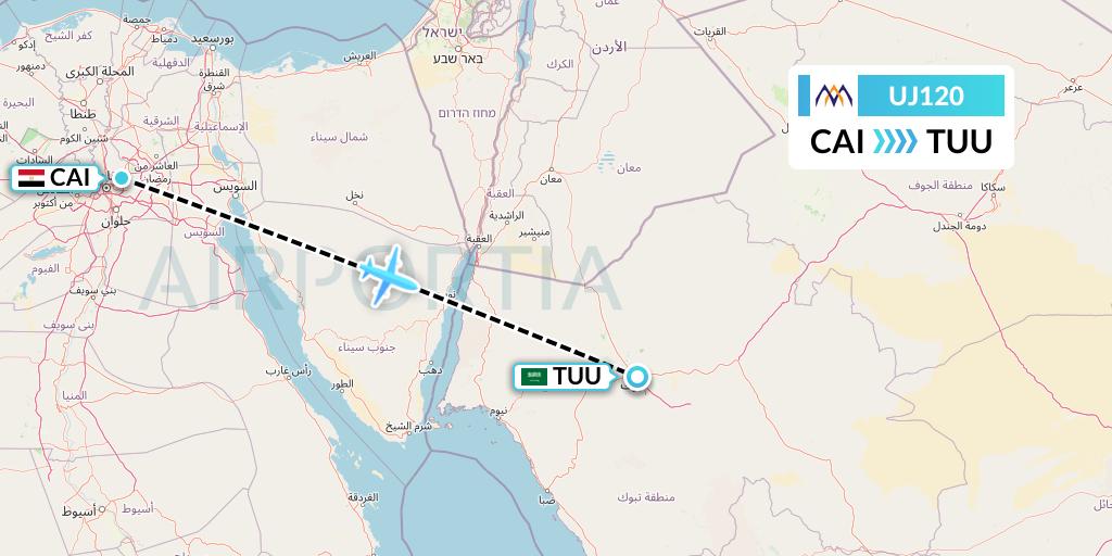 UJ120 AlMasria Universal Airlines Flight Map: Cairo to Tabuk