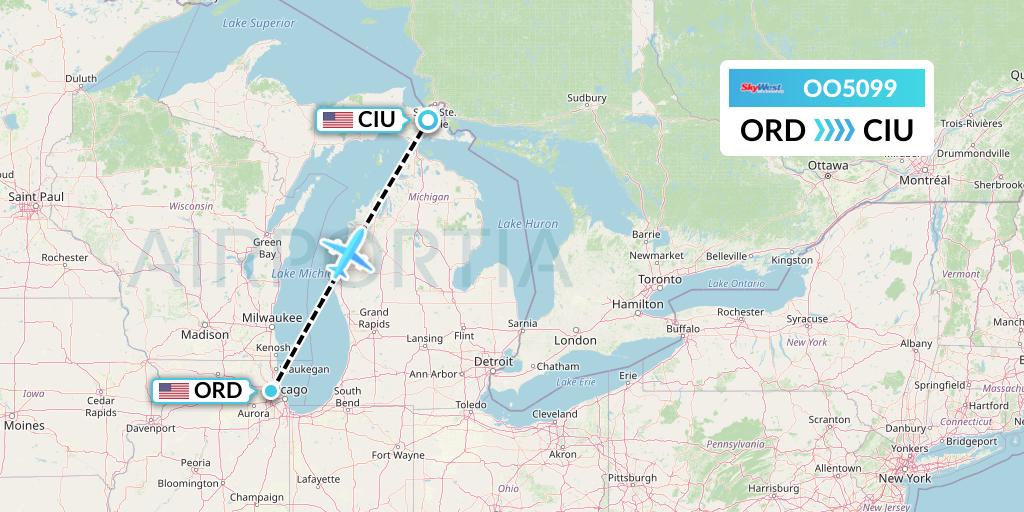 OO5099 SkyWest Airlines Flight Map: Chicago to Sault Sainte Marie