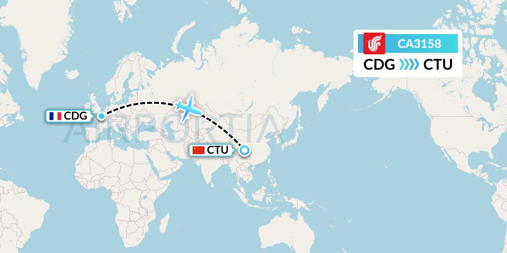 CA3158 Air China Flight Map: Paris to Chengdu