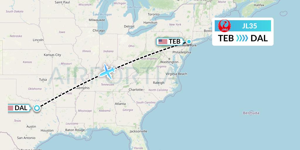 JL35 Japan Airlines Flight Map: Teterboro to Dallas