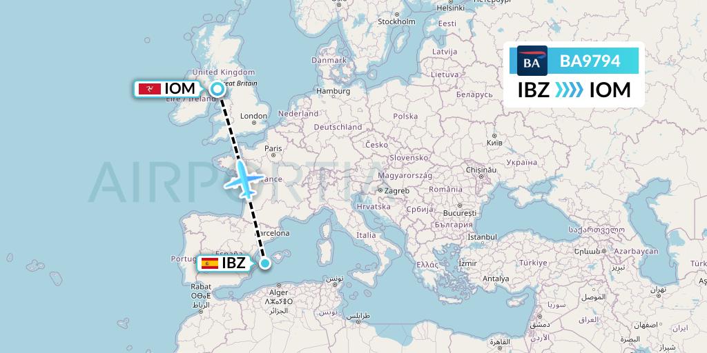 BA9794 British Airways Flight Map: Ibiza to Isle of Man