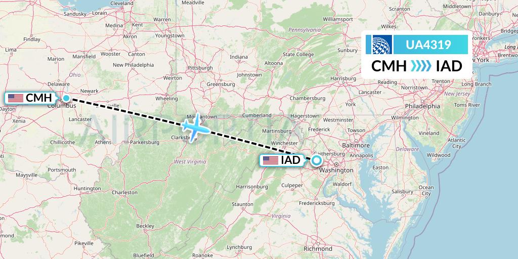 UA4319 United Airlines Flight Map: Columbus to Washington