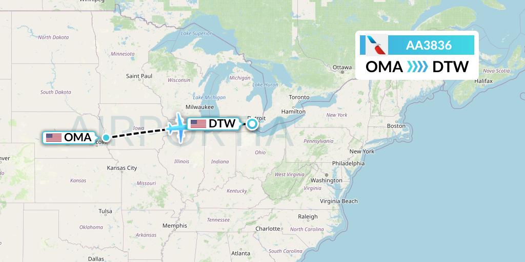 AA3836 American Airlines Flight Map: Omaha to Detroit