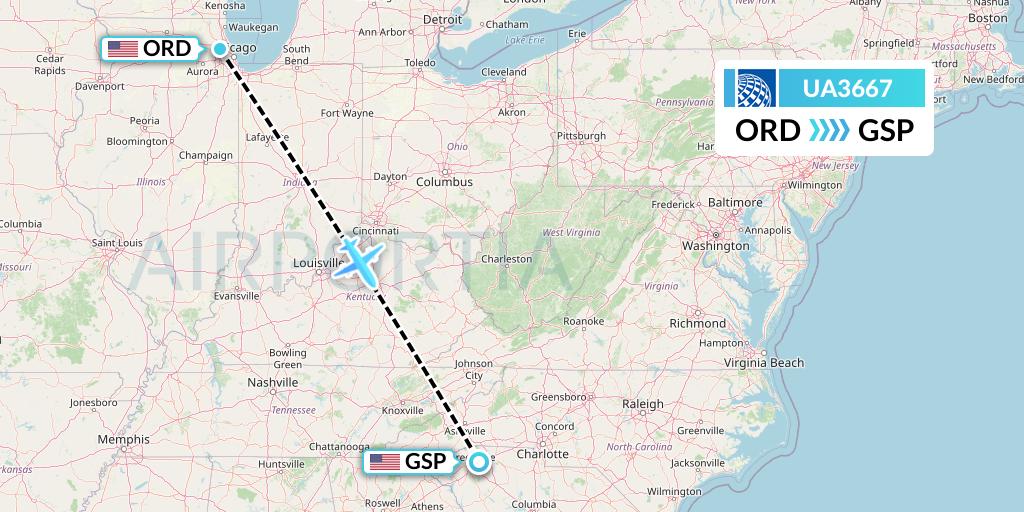 UA3667 United Airlines Flight Map: Chicago to Greenville-Spartanburg