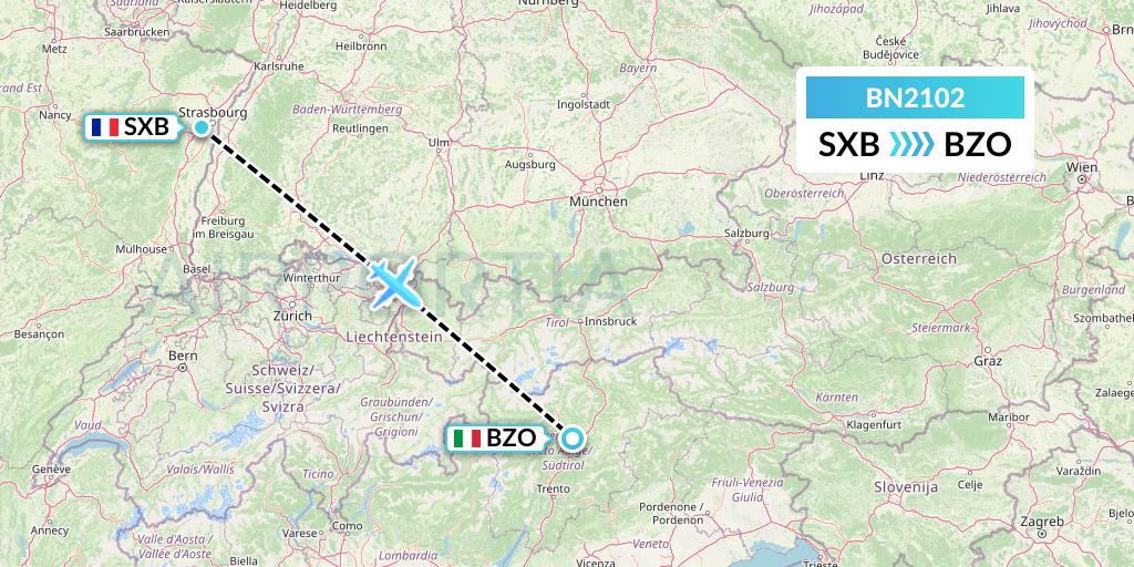 BN2102 Forward Air International Airlines Flight Map: Strasbourg to Bolzano