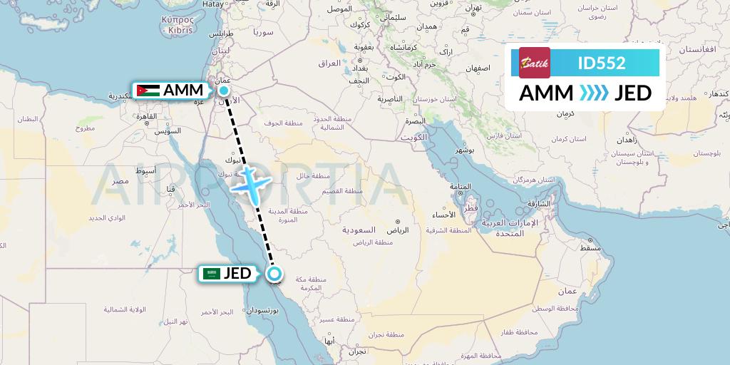 ID552 Batik Air Flight Map: Amman to Jeddah