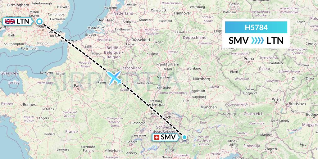 H5784 MAVIAL - Magadan Airlines Flight Map: St. Moritz to London