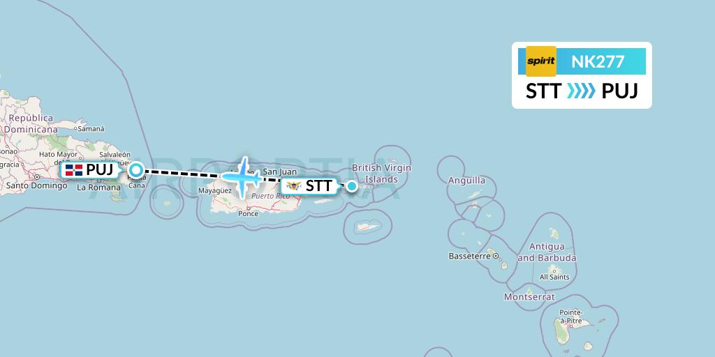 NK277 Spirit Airlines Flight Map: St. Thomas to Punta Cana