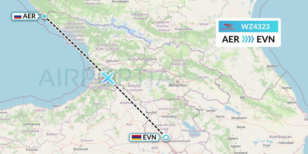 WZ4323 Red Wings Flight Map: Sochi to Yerevan