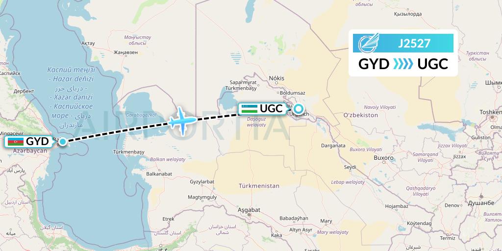 J2527 Azerbaijan Airlines Flight Map: Baku to Urgench