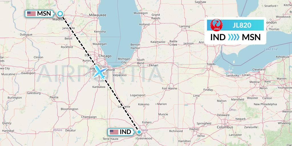 JL820 Japan Airlines Flight Map: Indianapolis to Madison