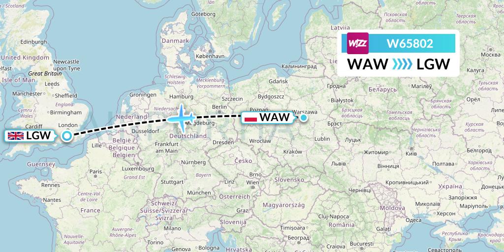 W65802 Wizz Air Flight Map: Warsaw to London