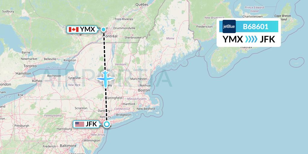 B68601 JetBlue Airways Flight Map: Montreal to New York