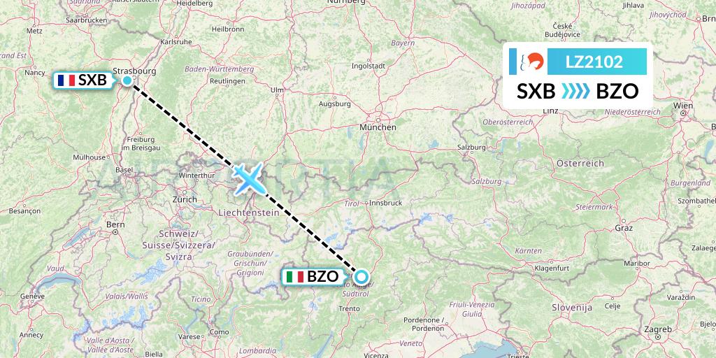 LZ2102 Air Link Flight Map: Strasbourg to Bolzano