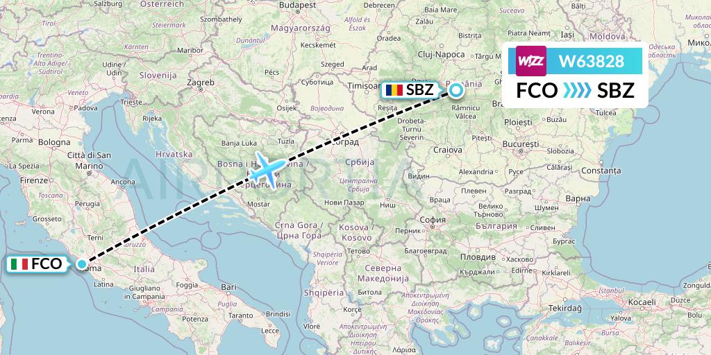W63828 Wizz Air Flight Map: Rome to Sibiu