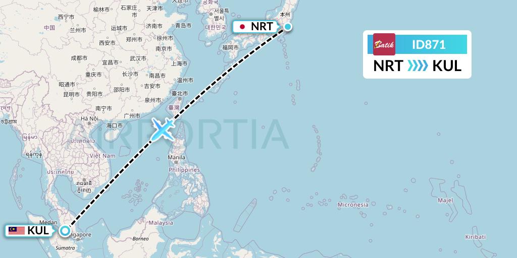 ID871 Batik Air Flight Map: Tokyo to Kuala Lumpur