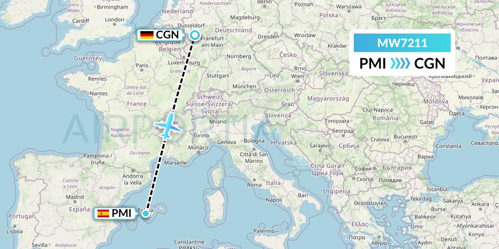 MW7211 Mokulele Flight Service Flight Map: Palma de Mallorca to Cologne