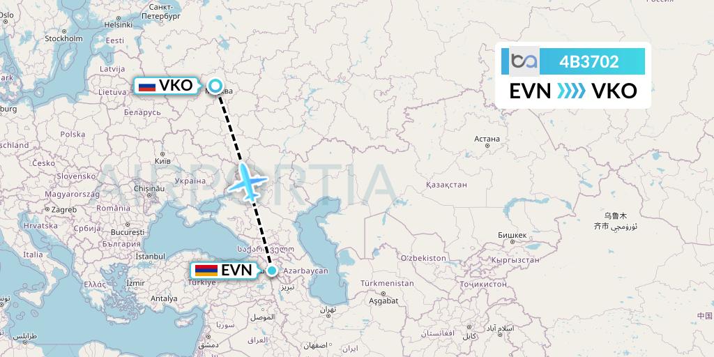4B3702 Boutique Air Flight Map: Yerevan to Moscow