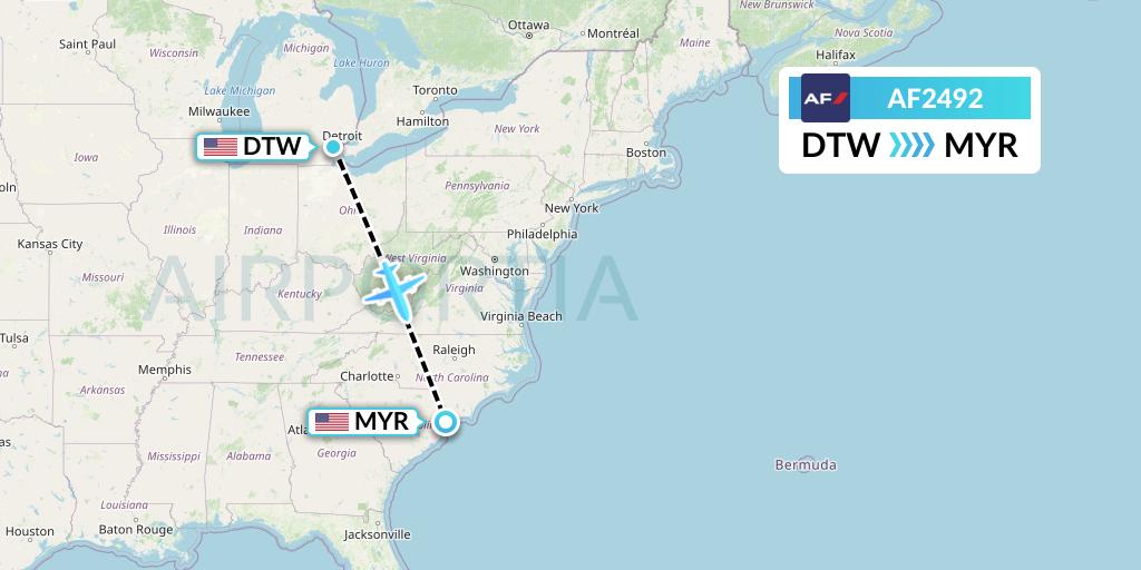 AF2492 Air France Flight Map: Detroit to Myrtle Beach
