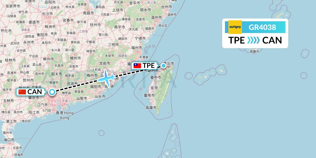 GR4038 Aurigny Air Services Flight Map: Taipei to Guangzhou