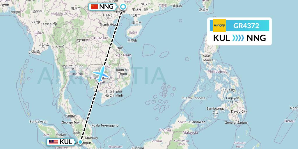 GR4372 Aurigny Air Services Flight Map: Kuala Lumpur to Nanning
