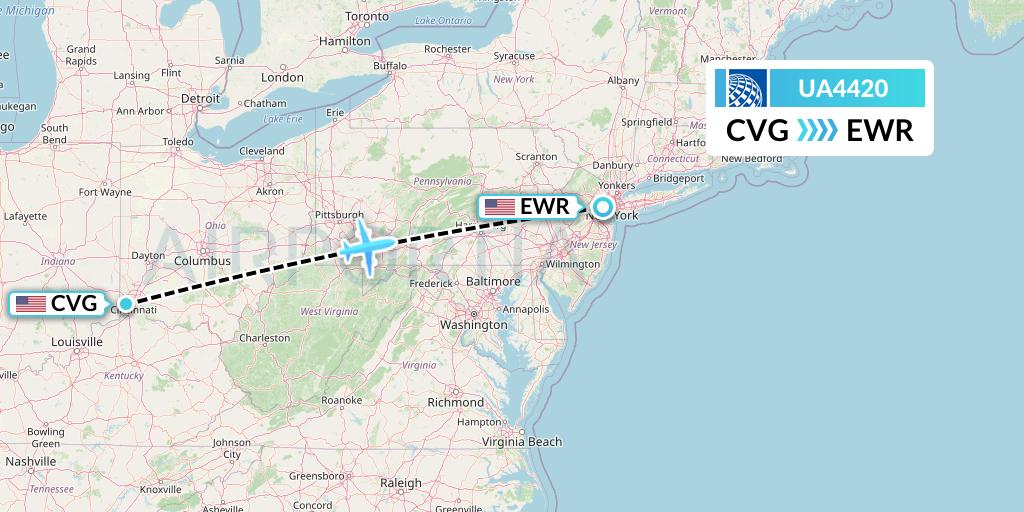 UA4420 United Airlines Flight Map: Cincinnati to New York