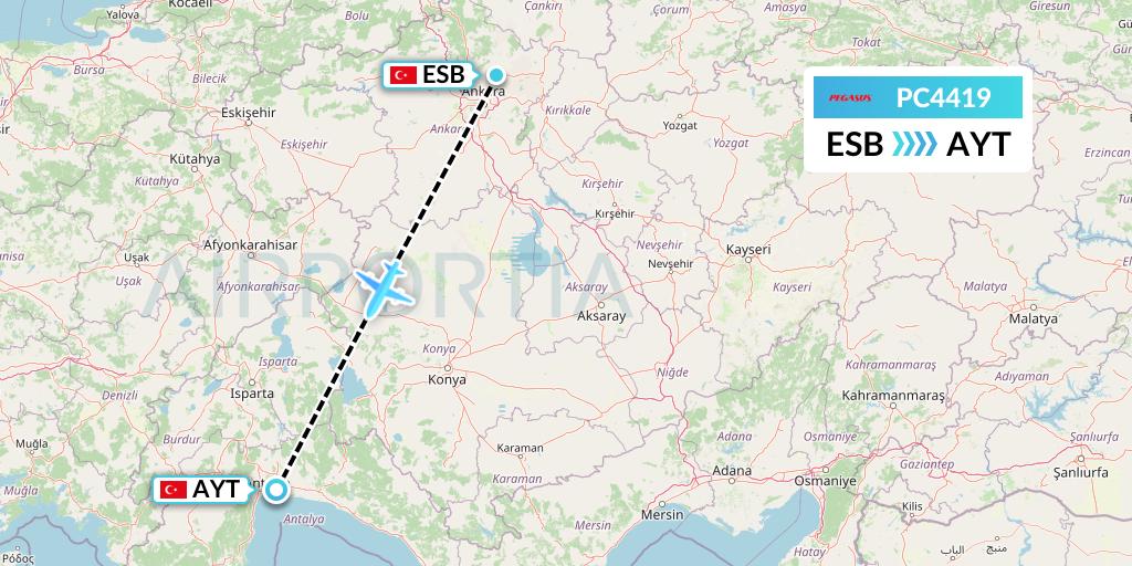 PC4419 Pegasus Airlines Flight Map: Ankara to Antalya