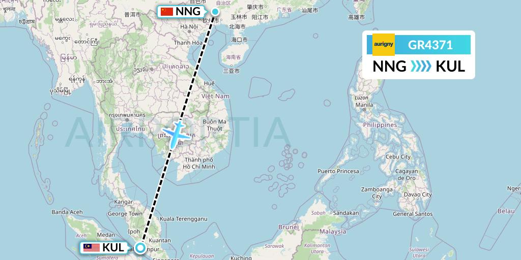 GR4371 Aurigny Air Services Flight Map: Nanning to Kuala Lumpur