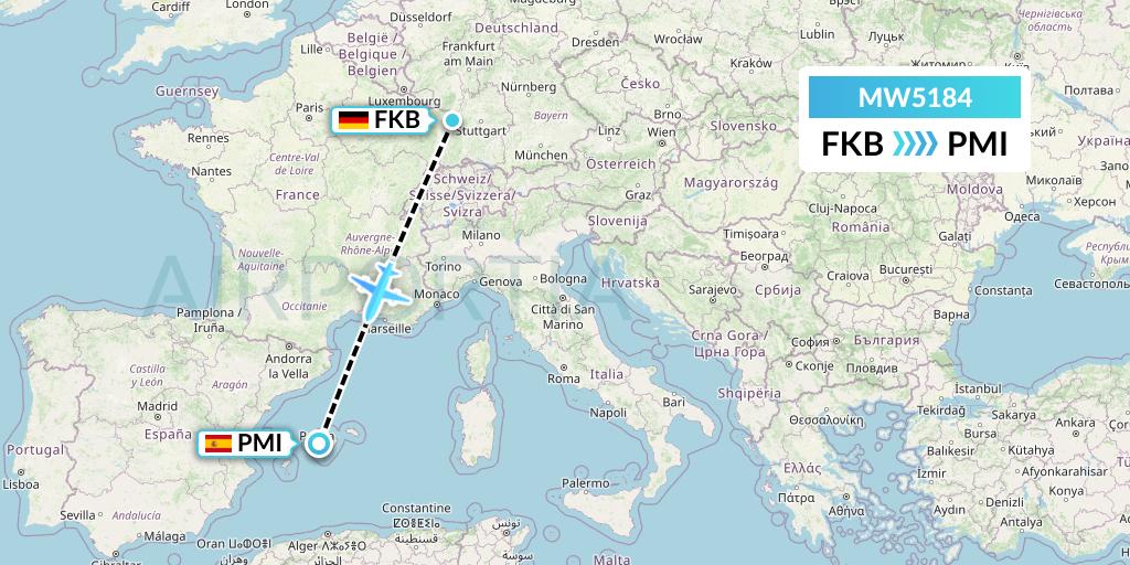 MW5184 Mokulele Flight Service Flight Map: Karlsruhe/Baden-Baden to Palma de Mallorca