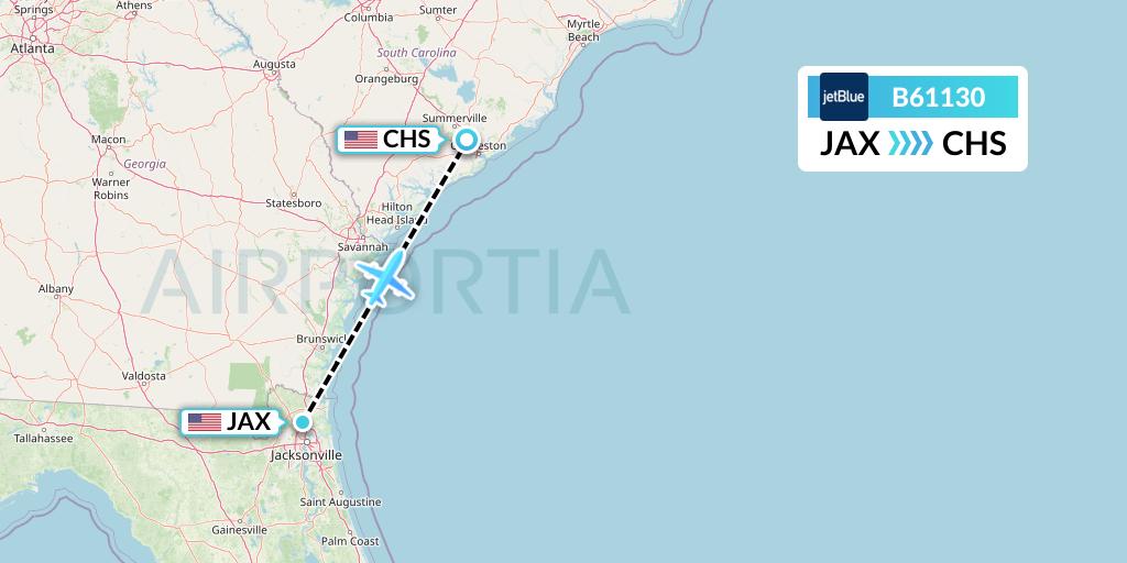 B61130 JetBlue Airways Flight Map: Jacksonville to Charleston