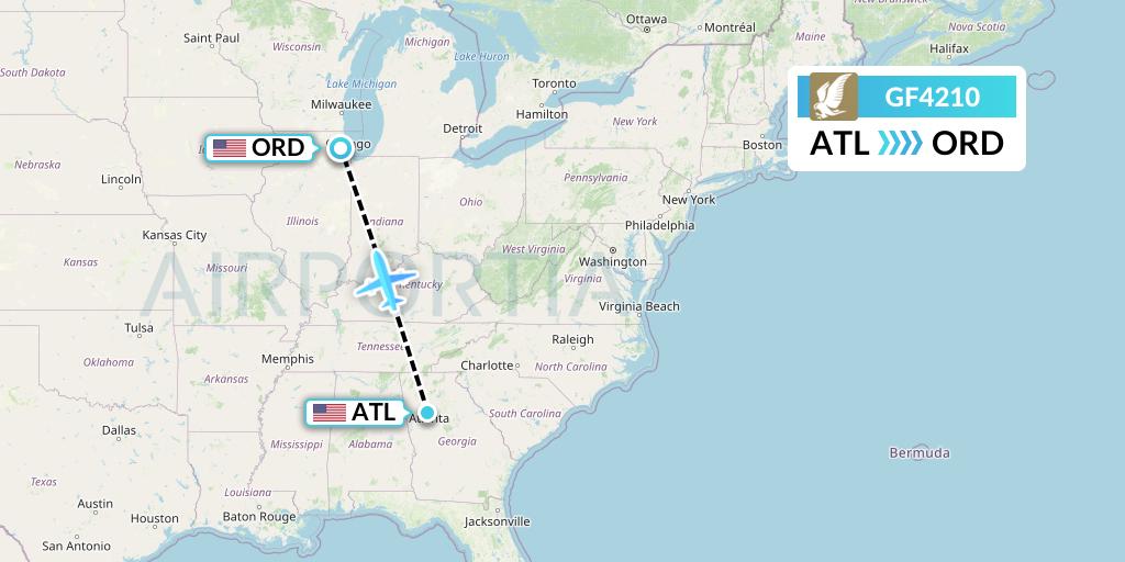 GF4210 Gulf Air Flight Map: Atlanta to Chicago
