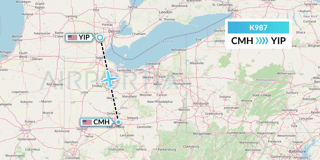 K987 Kalitta Charters Flight Map: Columbus to Detroit