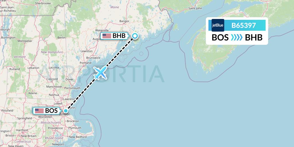 B65397 JetBlue Airways Flight Map: Boston to Bar Harbor