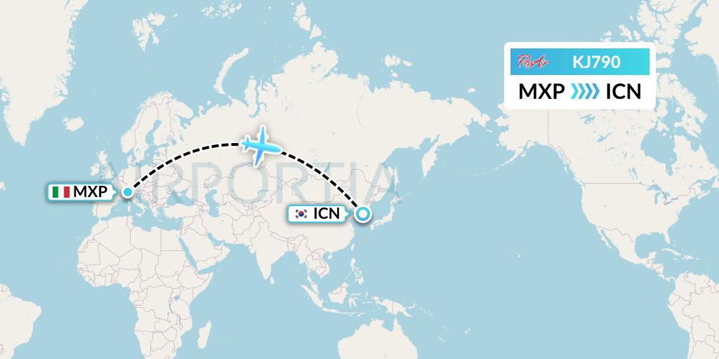 KJ790 Air Incheon Flight Map: Milan to Seoul