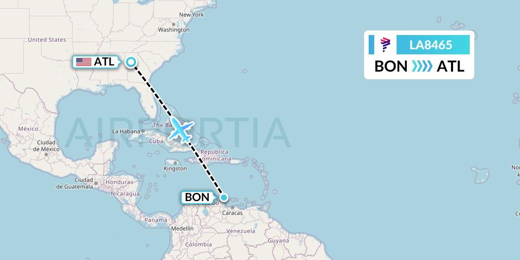 LA8465 LAN Airlines Flight Map: Bonaire to Atlanta