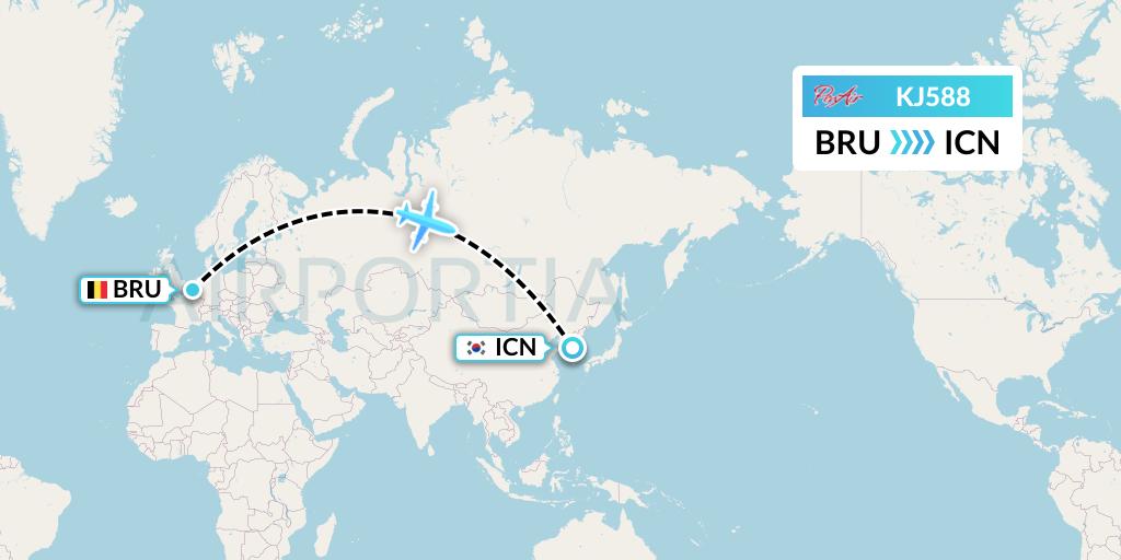 KJ588 Air Incheon Flight Map: Brussels to Seoul