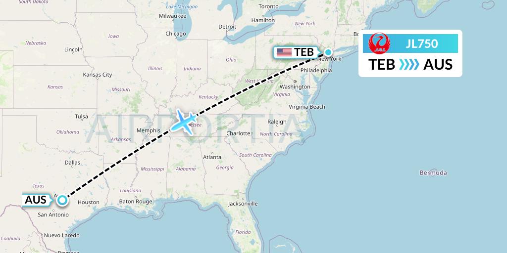 JL750 Japan Airlines Flight Map: Teterboro to Austin