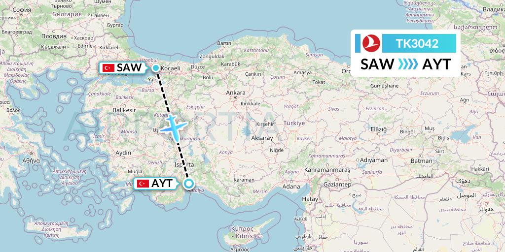 TK3042 Turkish Airlines Flight Map: Istanbul to Antalya