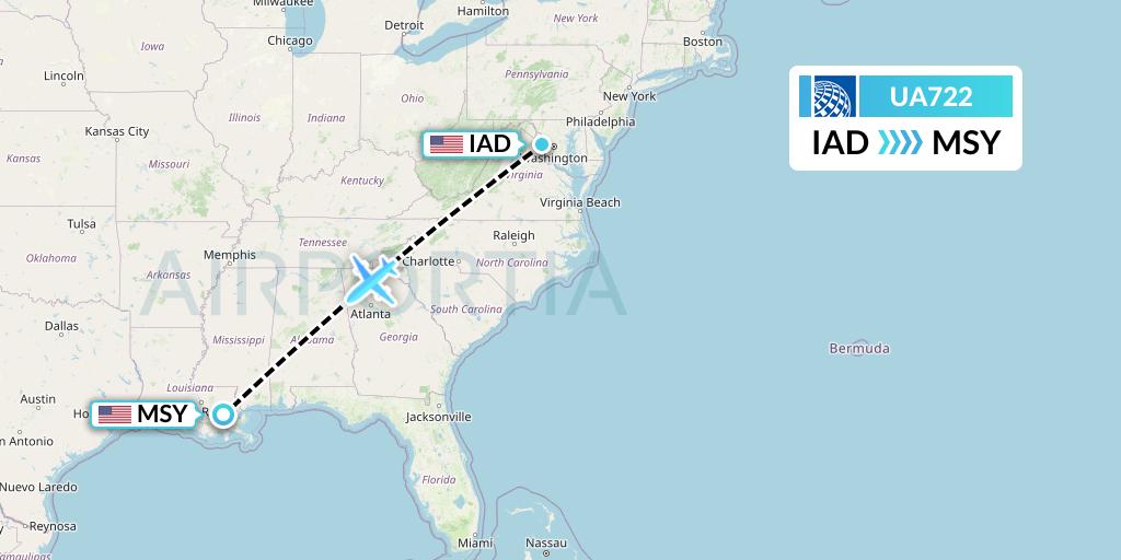UA722 United Airlines Flight Map: Washington to New Orleans