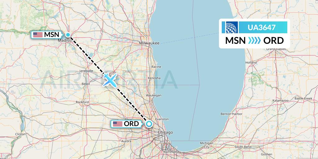 UA3647 United Airlines Flight Map: Madison to Chicago