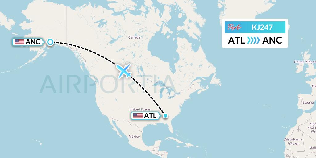 KJ247 Air Incheon Flight Map: Atlanta to Anchorage