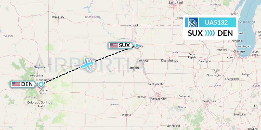 UA5132 United Airlines Flight Map: Sioux City to Denver