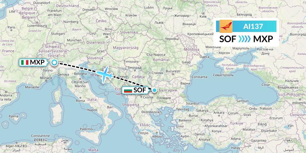 AI137 Air India Flight Map: Sofia to Milan