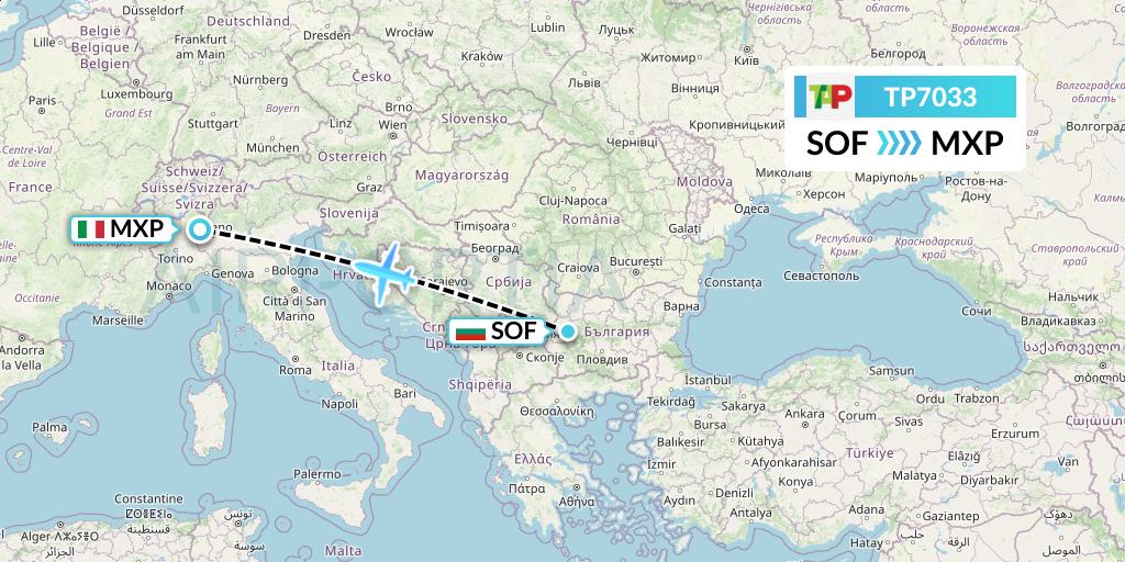TP7033 TAP Portugal Flight Map: Sofia to Milan